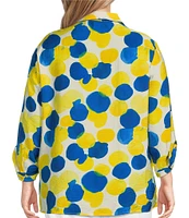 Multiples Plus Size Crinkle Woven Printed Point Collar 3/4 Cinched Tab Cuff Button Front Shirt
