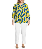 Multiples Plus Size Crinkle Woven Printed Point Collar 3/4 Cinched Tab Cuff Button Front Shirt