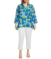 Multiples Plus Size Crinkle Woven Printed Stand Collar V-Neck 3/4 Sleeve Button-Front Shirt