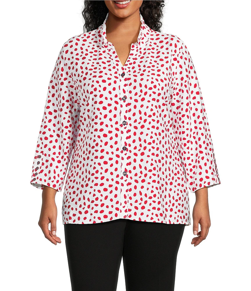 Multiples Plus Size Crinkle Woven Printed Wire Collar 3/4 Sleeve Hi-Low Hem Button Front Shirt