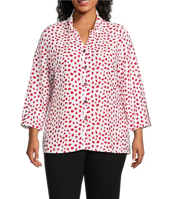 Multiples Plus Size Crinkle Woven Printed Wire Collar 3/4 Sleeve Hi-Low Hem Button Front Shirt