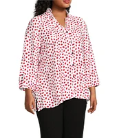 Multiples Plus Size Crinkle Woven Printed Wire Collar 3/4 Sleeve Hi-Low Hem Button Front Shirt
