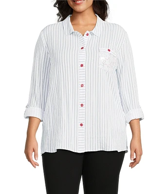 Multiples Plus Size Crinkle Woven Star Stripe Print Point Collar Long Roll-Tab Sleeve Hi-Low Hem Button Front Shirt