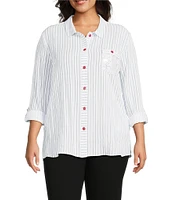 Multiples Plus Size Crinkle Woven Star Stripe Print Point Collar Long Roll-Tab Sleeve Hi-Low Hem Button Front Shirt