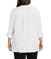 Multiples Plus Size Crinkle Woven Star Stripe Print Point Collar Long Roll-Tab Sleeve Hi-Low Hem Button Front Shirt