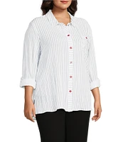 Multiples Plus Size Crinkle Woven Star Stripe Print Point Collar Long Roll-Tab Sleeve Hi-Low Hem Button Front Shirt