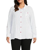 Multiples Plus Size Crinkle Woven Star Stripe Print Point Collar Long Roll-Tab Sleeve Hi-Low Hem Button Front Shirt