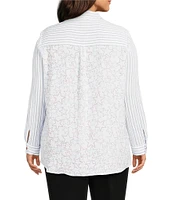Multiples Plus Size Crinkle Woven Star Stripe Print Point Collar Long Roll-Tab Sleeve Hi-Low Hem Button Front Shirt