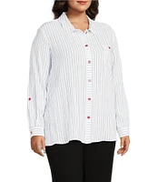Multiples Plus Size Crinkle Woven Star Stripe Print Point Collar Long Roll-Tab Sleeve Hi-Low Hem Button Front Shirt