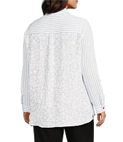Multiples Plus Size Crinkle Woven Star Stripe Print Point Collar Long Roll-Tab Sleeve Hi-Low Hem Button Front Shirt