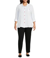 Multiples Plus Size Crinkle Woven Star Stripe Print Point Collar Long Roll-Tab Sleeve Hi-Low Hem Button Front Shirt