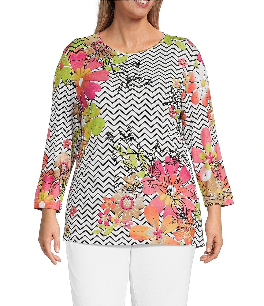Multiples Plus Size Embellished Placement Print Scoop Neck 3/4 Sleeve Fitted Knit Top