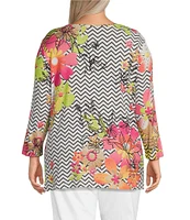 Multiples Plus Size Embellished Placement Print Scoop Neck 3/4 Sleeve Fitted Knit Top