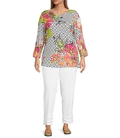 Multiples Plus Size Embellished Placement Print Scoop Neck 3/4 Sleeve Fitted Knit Top