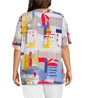 Multiples Plus Size Embellished Printed Scoop Neck 3/4 Sleeve Fitted Knit Top