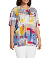 Multiples Plus Size Embellished Printed Scoop Neck 3/4 Sleeve Fitted Knit Top