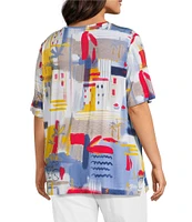 Multiples Plus Size Embellished Printed Scoop Neck 3/4 Sleeve Fitted Knit Top