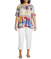Multiples Plus Size Embellished Printed Scoop Neck 3/4 Sleeve Fitted Knit Top