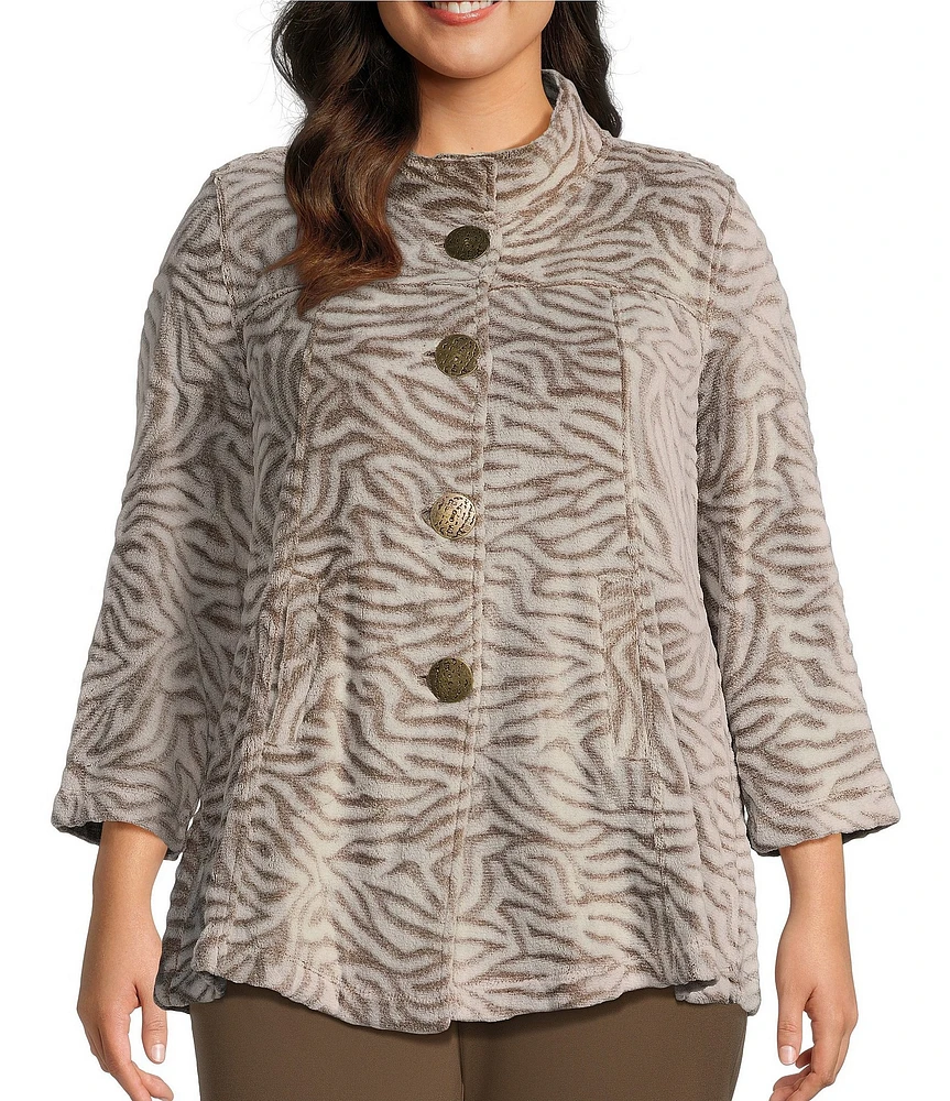 Multiples Plus Size Embossed Plush Zebra Print Stand Collar 3/4 Sleeve Fitted Jacket