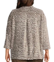 Multiples Plus Size Embossed Plush Zebra Print Stand Collar 3/4 Sleeve Fitted Jacket