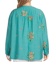 Multiples Plus Size Embroidered Floral Round Split V-Neck Long Roll-Tab Sleeve Tie Front Shirt