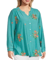 Multiples Plus Size Embroidered Floral Round Split V-Neck Long Roll-Tab Sleeve Tie Front Shirt