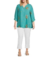 Multiples Plus Size Embroidered Floral Round Split V-Neck Long Roll-Tab Sleeve Tie Front Shirt