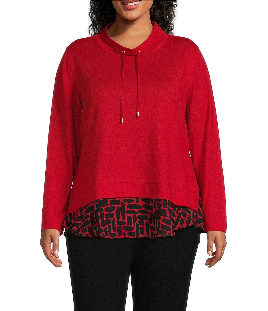 Multiples Plus Size Jersey Knit Georgette Solid Over Print Drawstring Mock Neck Long Sleeve Hi-Low Layered Hem Top