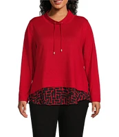 Multiples Plus Size Jersey Knit Georgette Solid Over Print Drawstring Mock Neck Long Sleeve Hi-Low Layered Hem Top