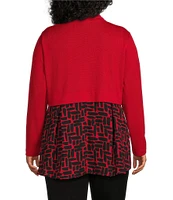 Multiples Plus Size Jersey Knit Georgette Solid Over Print Drawstring Mock Neck Long Sleeve Hi-Low Layered Hem Top