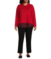 Multiples Plus Size Jersey Knit Georgette Solid Over Print Drawstring Mock Neck Long Sleeve Hi-Low Layered Hem Top