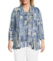 Multiples Plus Size Knit Block Multi Long Sleeve Open-Front Matching Tank Top Set