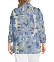Multiples Plus Size Knit Block Multi Long Sleeve Open-Front Matching Tank Top Set
