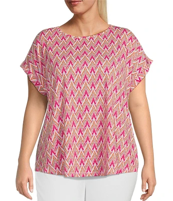 Multiples Plus Size Knit Ikat Print Round Neck Short Cuffed Sleeve Top