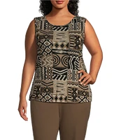 Multiples Plus Size Knit Patchwork Multi Print Long Sleeve Open-Front Matching Tank Top Set