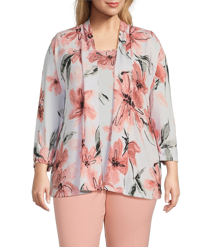 Multiples Plus Size Knit Pink Print Long Sleeve Open-Front Matching Tank Top Set