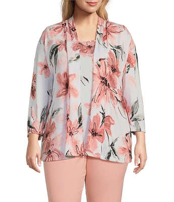 Multiples Plus Size Knit Pink Print Long Sleeve Open-Front Matching Tank Top Set