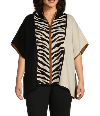 Multiples Plus Size Zebra Print Color Block Mock Neck Elbow Dolman Sleeve Zip-Front Sweater