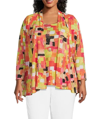 Multiples Plus Size Knit Square Multi Long Sleeve Open-Front Matching Tank Top Set