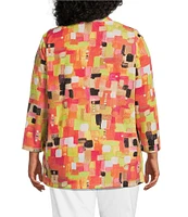 Multiples Plus Size Knit Square Multi Long Sleeve Open-Front Matching Tank Top Set