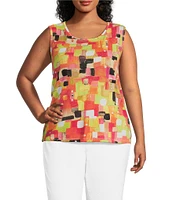 Multiples Plus Size Knit Square Multi Long Sleeve Open-Front Matching Tank Top Set