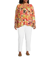 Multiples Plus Size Knit Square Multi Long Sleeve Open-Front Matching Tank Top Set