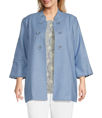 Multiples Plus Size Linen-Blend Stand Collar 3/4 Flounce Sleeve Open-Front Jacket