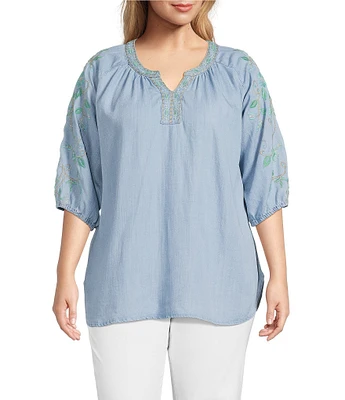Multiples Plus Size Lyocell Embroidered Elbow Raglan Sleeve Notch Neck Band Collar Hi-Low Hem Top