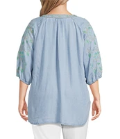 Multiples Plus Size Lyocell Embroidered Elbow Raglan Sleeve Notch Neck Band Collar Hi-Low Hem Top