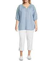 Multiples Plus Size Lyocell Embroidered Elbow Raglan Sleeve Notch Neck Band Collar Hi-Low Hem Top