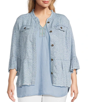 Multiples Plus Size Lyocell Printed Point Collar 3/4 Flounce Sleeve Button Front Peplum Jacket