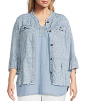 Multiples Plus Size Lyocell Printed Point Collar 3/4 Flounce Sleeve Button Front Peplum Jacket