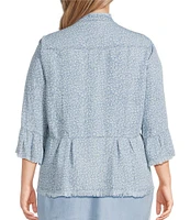 Multiples Plus Size Lyocell Printed Point Collar 3/4 Flounce Sleeve Button Front Peplum Jacket
