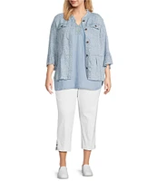 Multiples Plus Size Lyocell Printed Point Collar 3/4 Flounce Sleeve Button Front Peplum Jacket